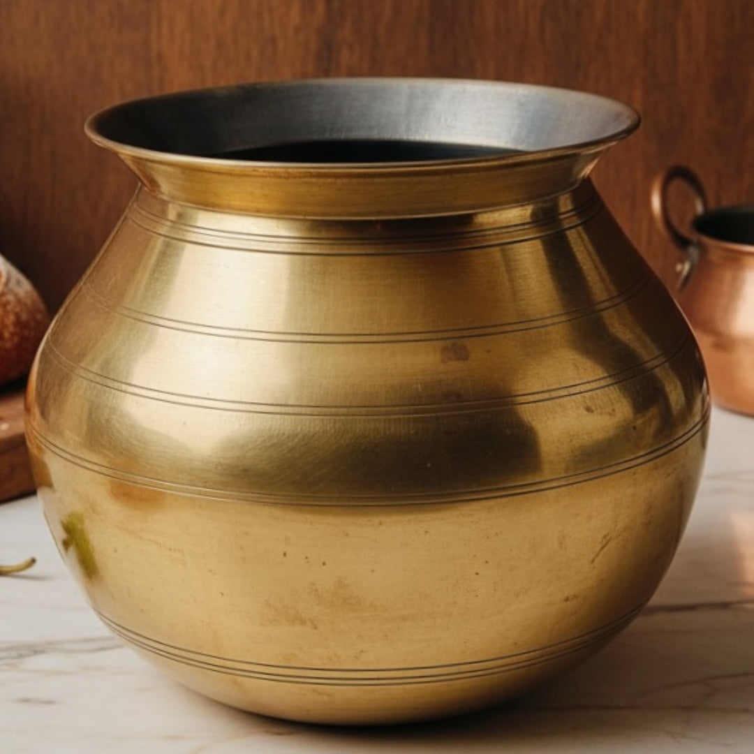 Antique Kansa Cooking Bowl Set with Lid Ladle and Stand | Premium Bronze Serving Vessel | Made in 1970 - Bombay Antiques
