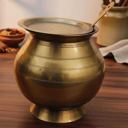 Antique Kansa Cooking Bowl Set with Lid Ladle and Stand | Premium Bronze Serving Vessel | Made in 1970 - Bombay Antiques