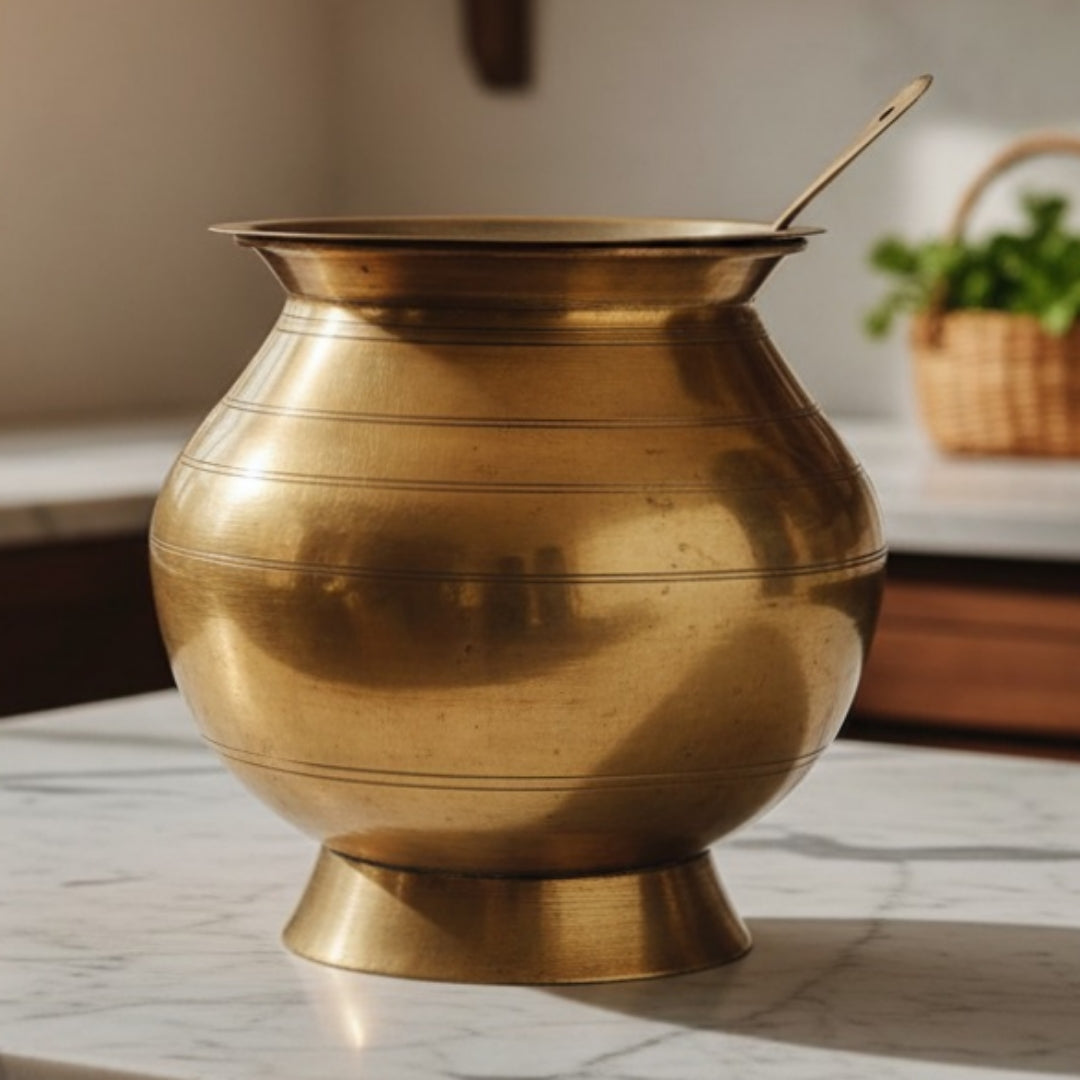 Antique Kansa Cooking Bowl Set with Lid Ladle and Stand | Premium Bronze Serving Vessel | Made in 1970 - Bombay Antiques