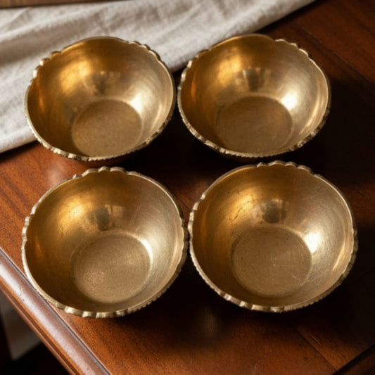 Antique Peetal Serving Bowl Set of 4 with Ornated Borders | Premium Brass Serving Bowls | Made in 1966 - Bombay Antiques