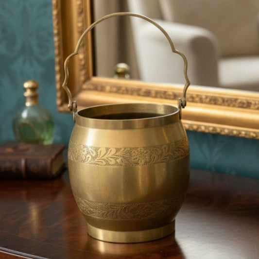 Antique Peetal Engraved Ice Bucket | Premium Brass Barware Container | Made in 1973 - Bombay Antiques