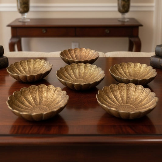 Antique Peetal Engraved Bowl Set of 6 | Premium Brass Serving Bowls | Made in 1975 - Bombay Antiques
