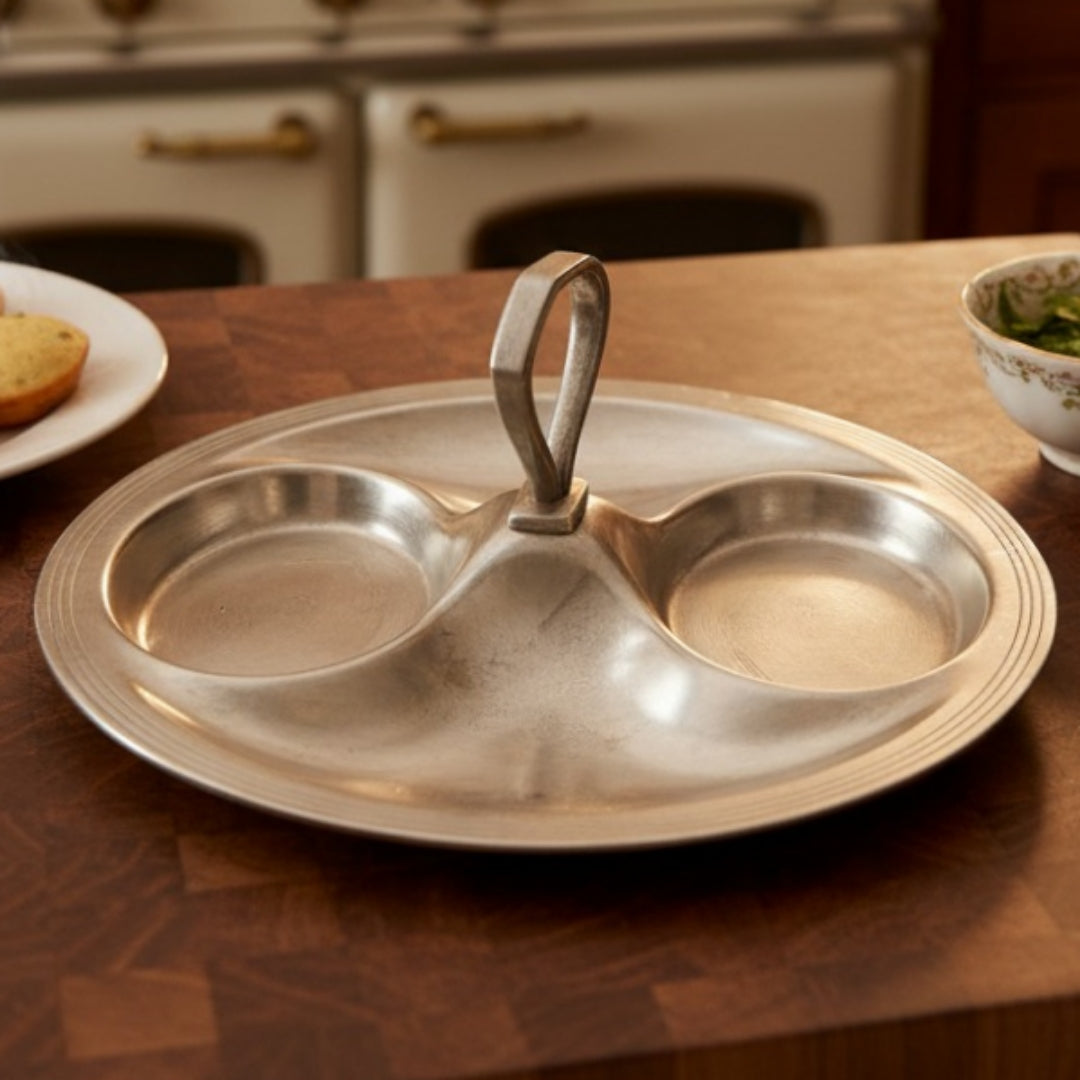 Antique German Silver Divided Serving Platter with Handle | Made in 1970 - Bombay Antiques