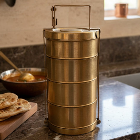 Antique Peetal Four Tier Tiffin Box | Brass Lunch Carrier | Made in 1960 - Bombay Antiques