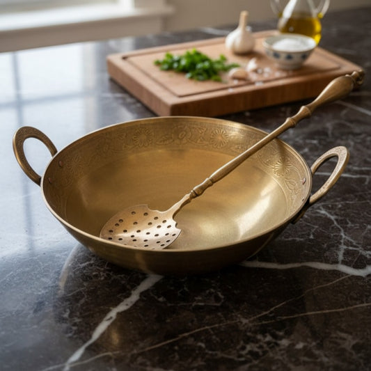 Antique Peetal Kadai with Lid and Jhara | Brass Cooking Kadhai Set | Made in 1980
