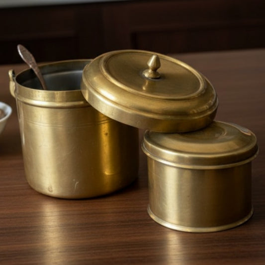 Antique Peetal Storage Canister Set of Three | Brass Lidded Container Set | Made in 1950-1955 - Bombay Antiques