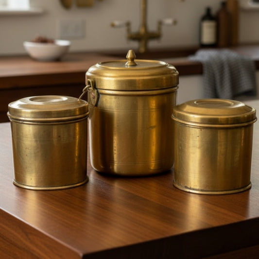 Antique Peetal Storage Canister Set of Three | Brass Lidded Container Set | Made in 1950-1955 - Bombay Antiques
