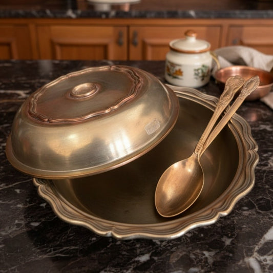 Antique Peetal Covered Serving Bowl Set with Serving Spoons | Premium Brass Serving Collection | Made in 1980 - Bombay Antiques