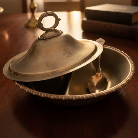 Antique Peetal Covered Serving Dish with Ladle | Premium Brass Divided Serving Bowl | Made in 1980 - Bombay Antiques