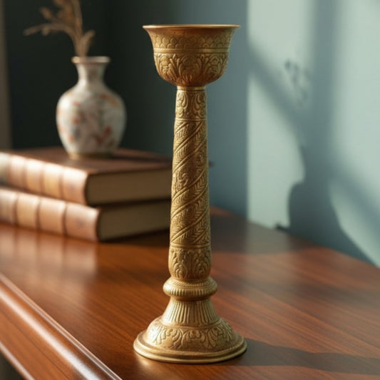 Antique Peetal Engraved Candle Stand | Brass Pillar Candleholder | Made in 1970 - Bombay Antiques