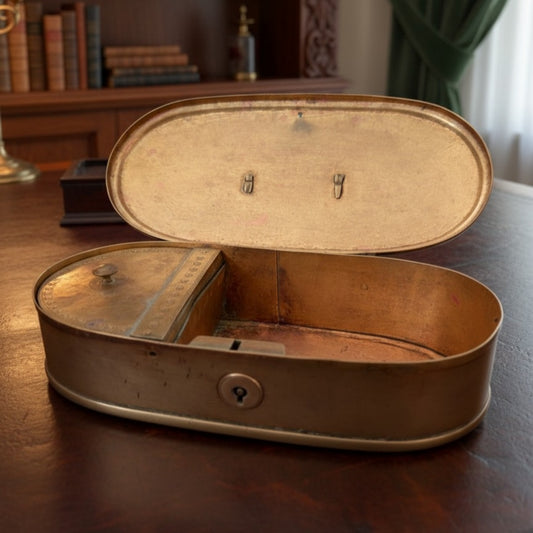 Antique Peetal Oval Lock Box | Brass Storage Box with Key Lock | Made in 1975 - Bombay Antiques
