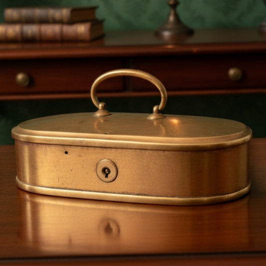 Antique Peetal Oval Lock Box | Brass Storage Box with Key Lock | Made in 1975 - Bombay Antiques