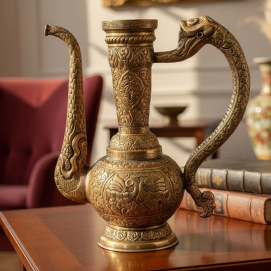 Antique Peetal Engraved Surahi Jug | Brass Dragon Handle Ewer | Made in 1961 - Bombay Antiques