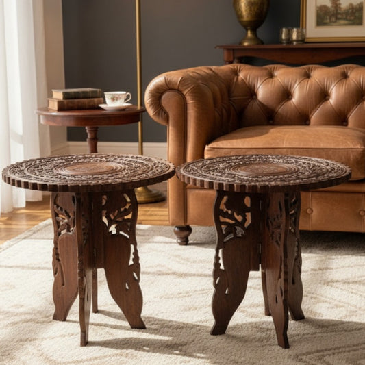 also mention it detachable  11:05 AM Antique Kashmiri Teakwood Engraved Folding Table Set of Two | Hand Carved Side Table Pair | Made in 1980 - Bombay Antiques