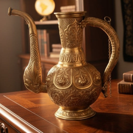 Antique Peetal Engraved Surahi Jug | Brass Ewer with Fish Spout | Made in 1964 - Bombay Antiques