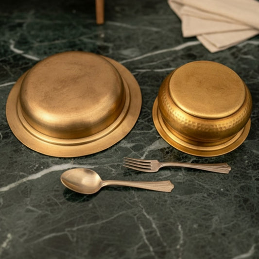 Antique Peetal Serving Bowl Set with Spoon and Fork | Brass Dining Bowl Pair | Made in 1975 - Bombay Antiques