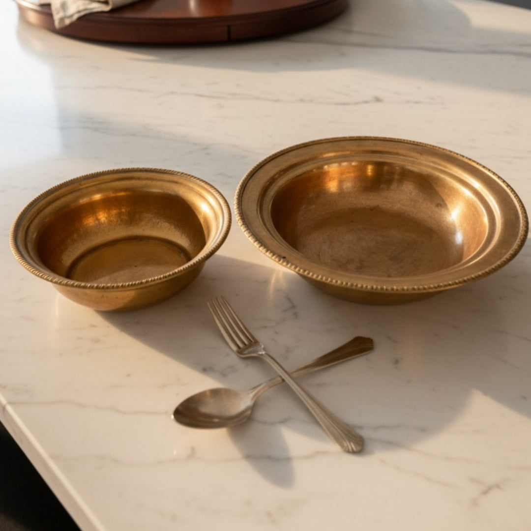 Antique Peetal Serving Bowl Set with Spoon and Fork | Brass Dining Bowl Pair | Made in 1975 - Bombay Antiques