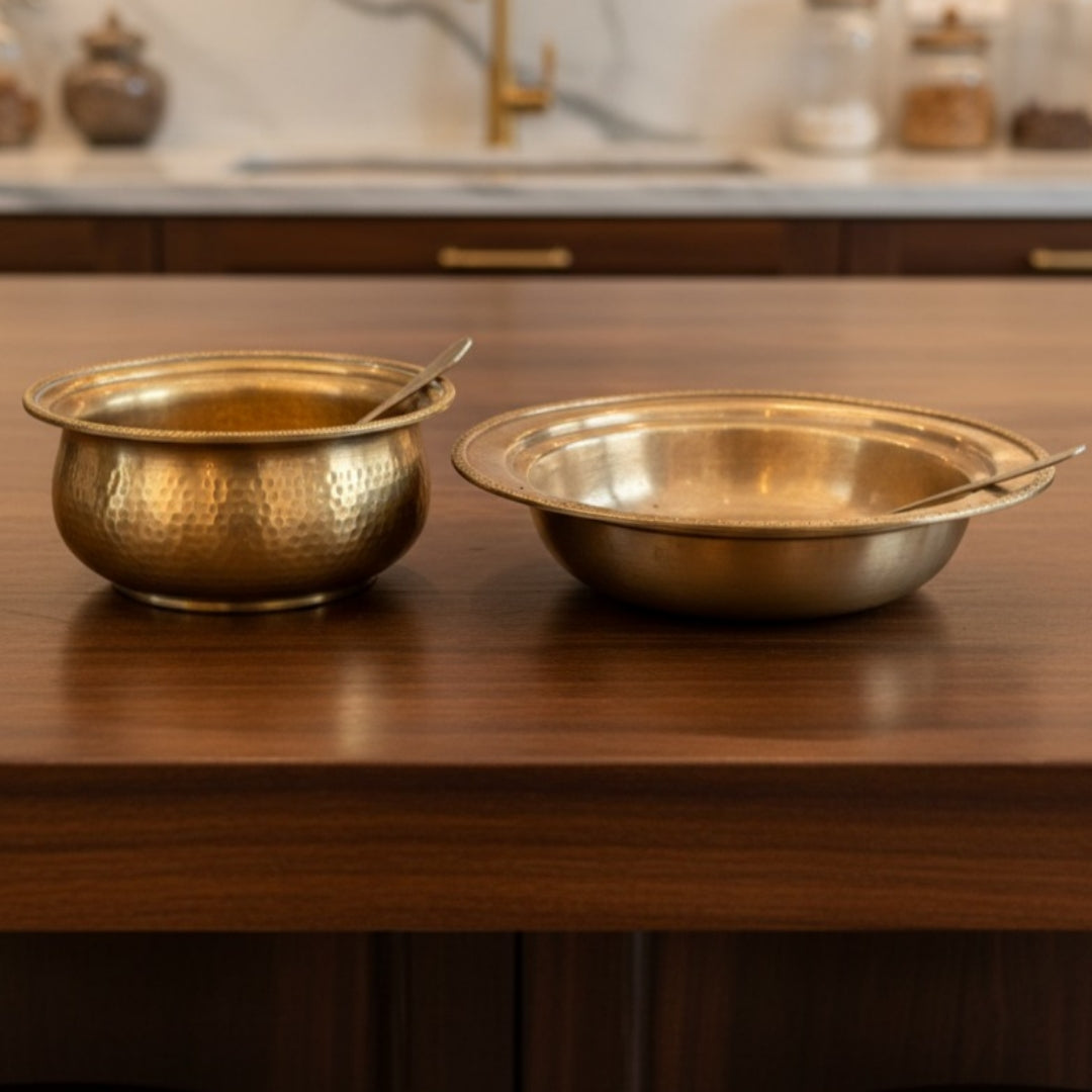 Antique Peetal Serving Bowl Set with Spoon and Fork | Brass Dining Bowl Pair | Made in 1975 - Bombay Antiques