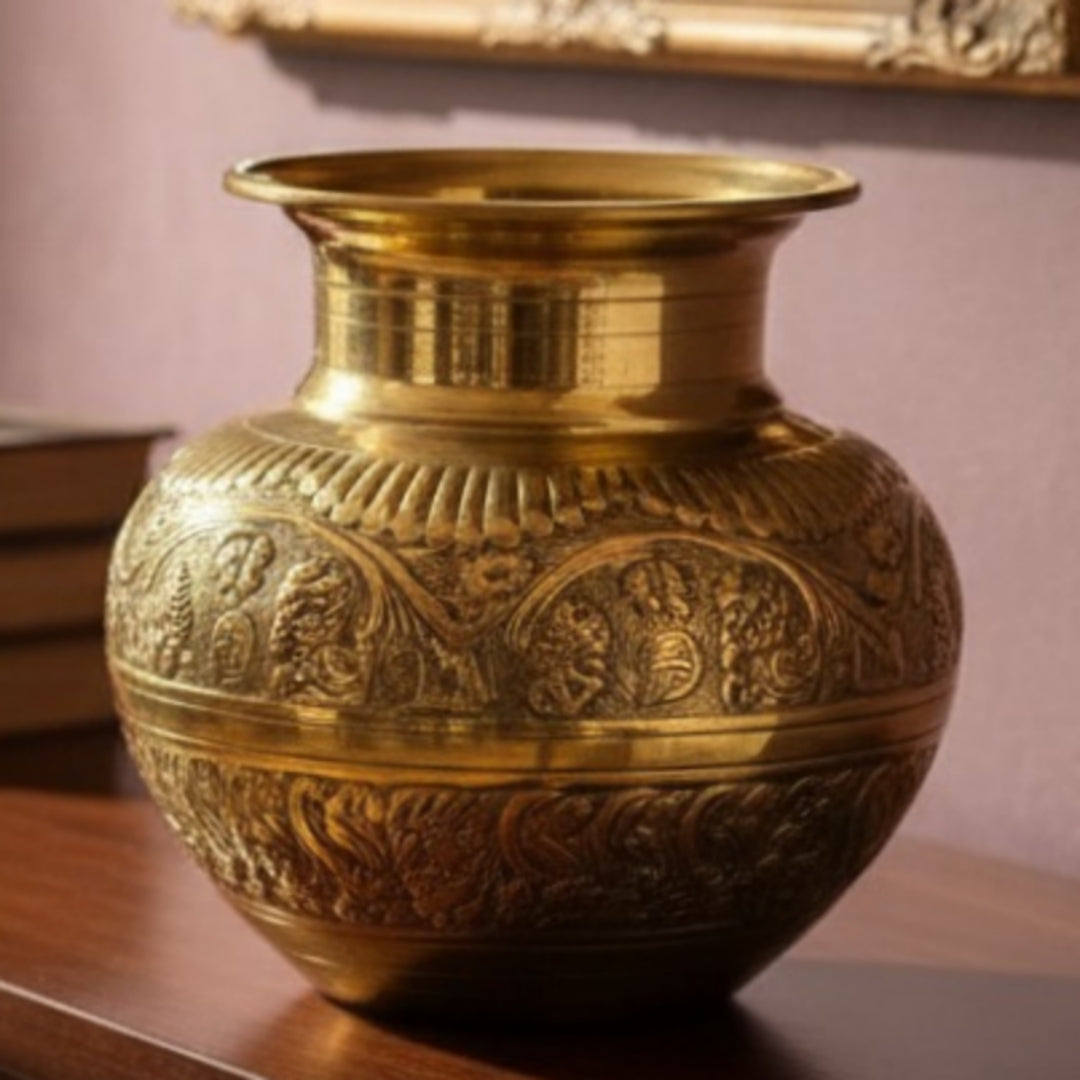 Peetal Repoussé Lota | Brand New Brass Engraved Decorative Water Pot | Handcrafted Brass - Bombay Antiques