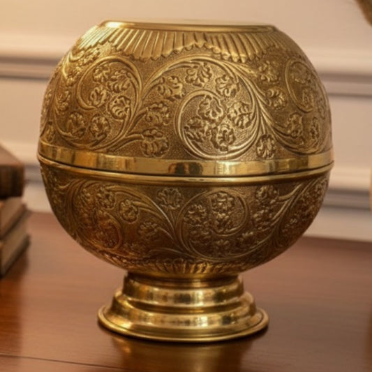 Peetal Repoussé Lota | Brand New Brass Engraved Decorative Water Pot | Handcrafted Brass - Bombay Antiques