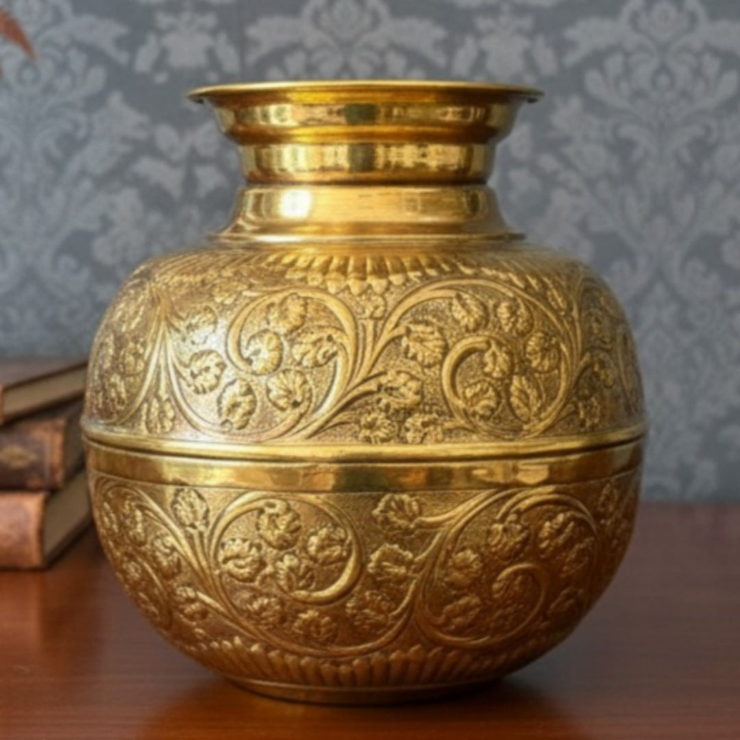 Peetal Repoussé Lota | Brand New Brass Engraved Decorative Water Pot | Handcrafted Brass - Bombay Antiques