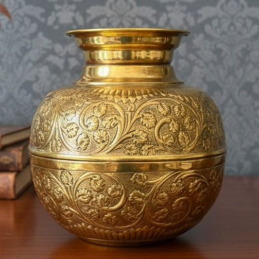 Peetal Repoussé Lota | Brand New Brass Engraved Decorative Water Pot | Handcrafted Brass - Bombay Antiques