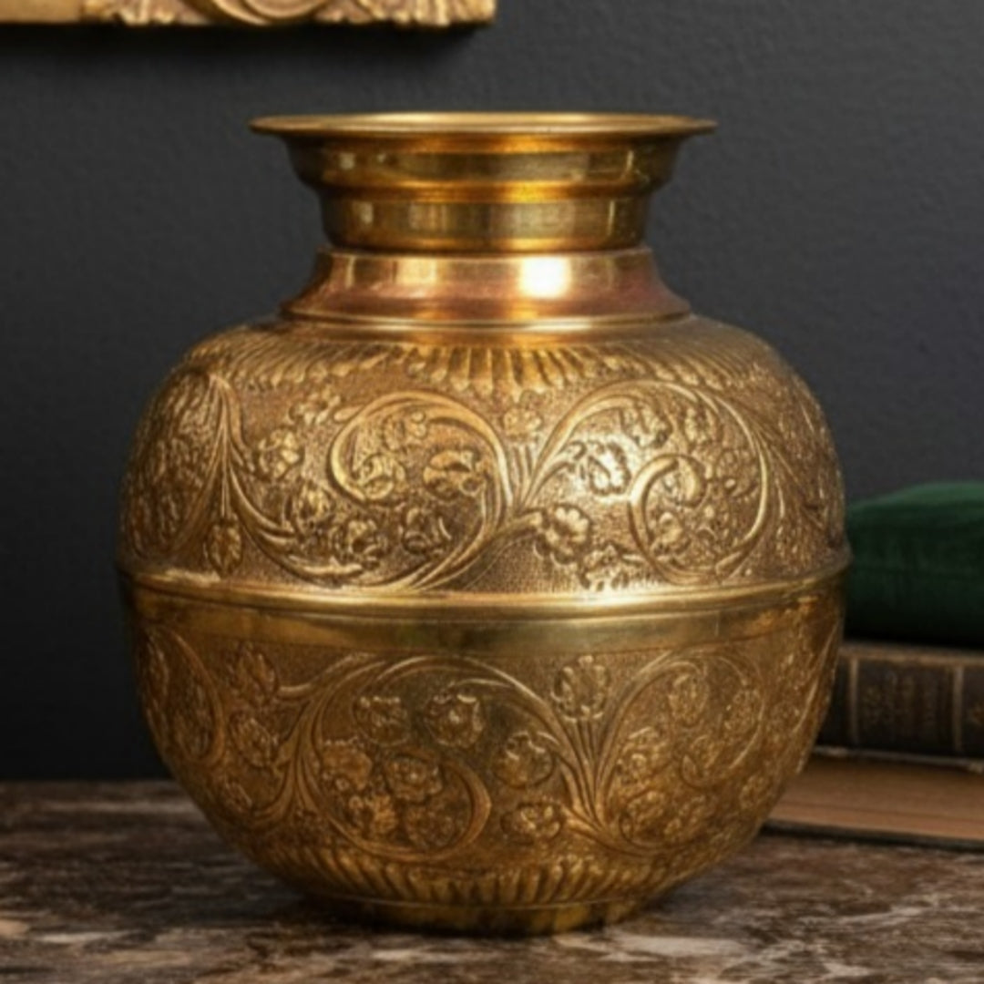 Peetal Repoussé Lota | Brand New Brass Engraved Decorative Water Pot | Handcrafted Brass - Bombay Antiques
