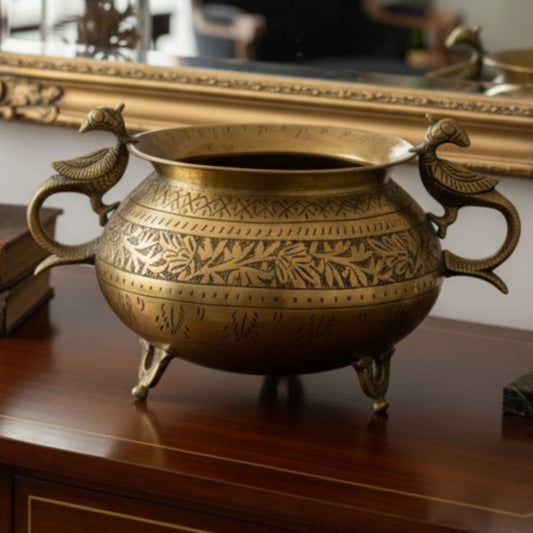 Antique Peetal Engraved Peacock Handle Planter | Brass Bird Handle Decorative Bowl | Made in 1970 - Bombay Antiques