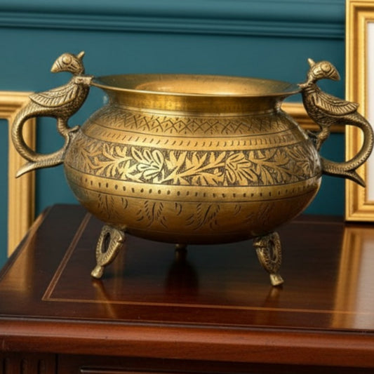 Antique Peetal Engraved Peacock Handle Planter | Brass Bird Handle Decorative Bowl | Made in 1970 - Bombay Antiques