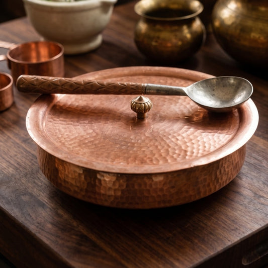 Antique Tamba Deg with Lid and Ladle | Copper Cooking Vessel Set | Made in 1960 - Bombay Antiques