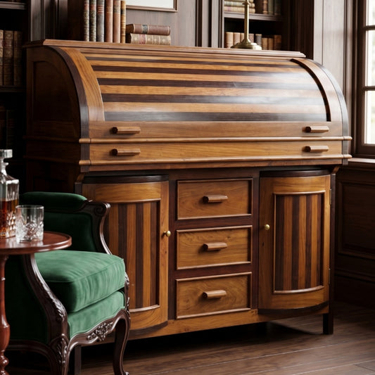 Antique Teakwood Roll-Top Bureau Writing Desk | Colonial Solid Wood Study Desk with Drawers | Made from 100 years old Teakwood - Bombay Antiques