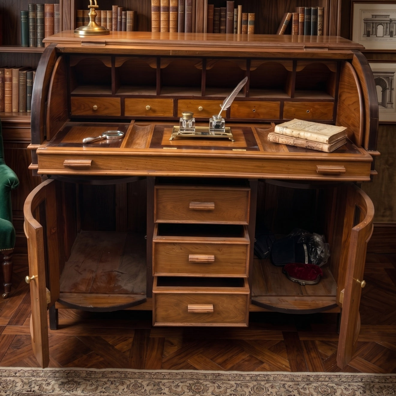 Antique Teakwood Roll-Top Bureau Writing Desk | Colonial Solid Wood Study Desk with Drawers | Made from 100 years old Teakwood - Bombay Antiques