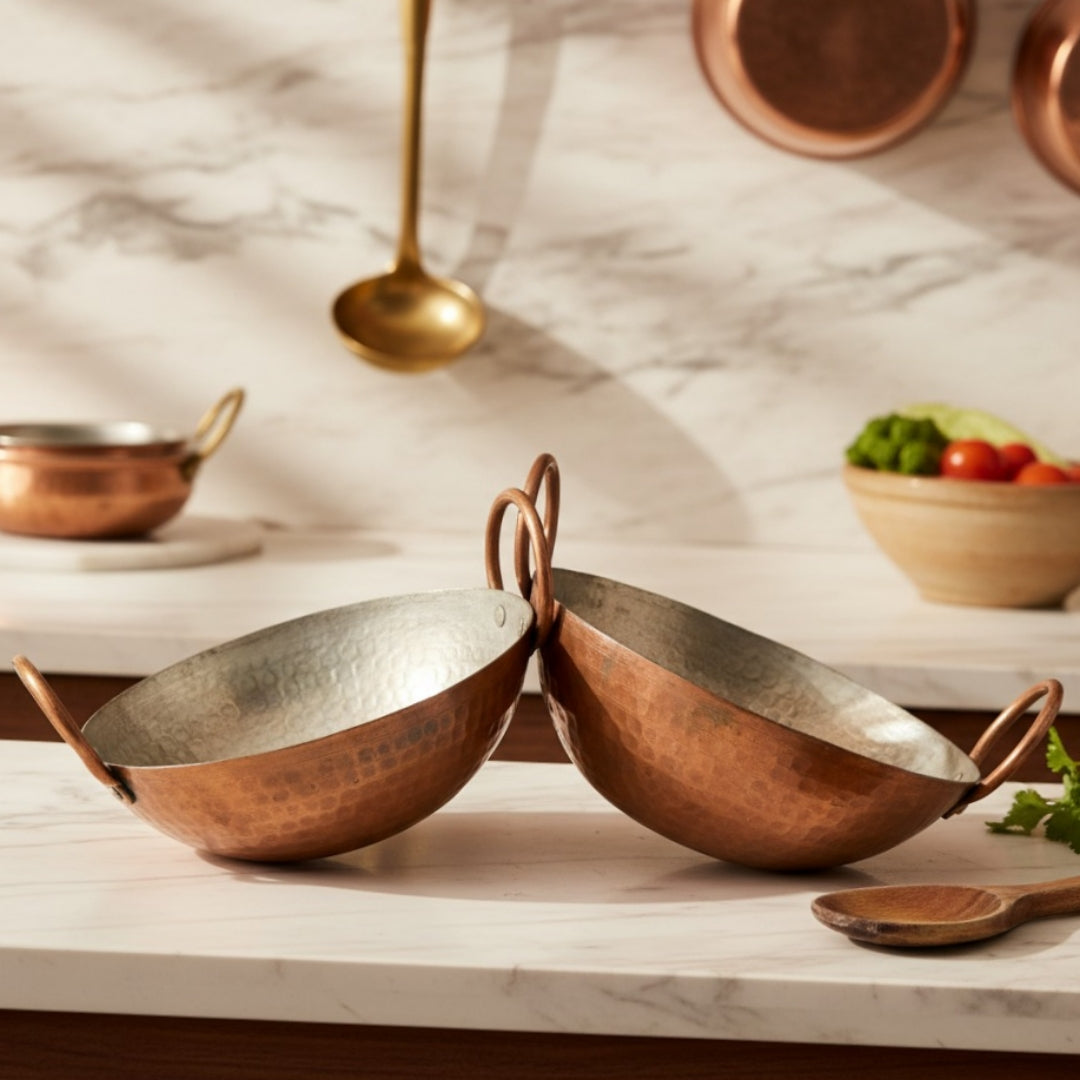 Antique Tamba Serving Kadai Set of Two | Copper Tin Lined Serving Kadhai Pair | Made in 1979 - Bombay Antiques