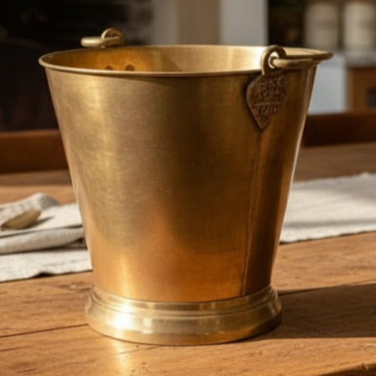 Antique Peetal Bucket | Brass Water Bucket with Maker's Tag | Made in 1966 - Bombay Antiques