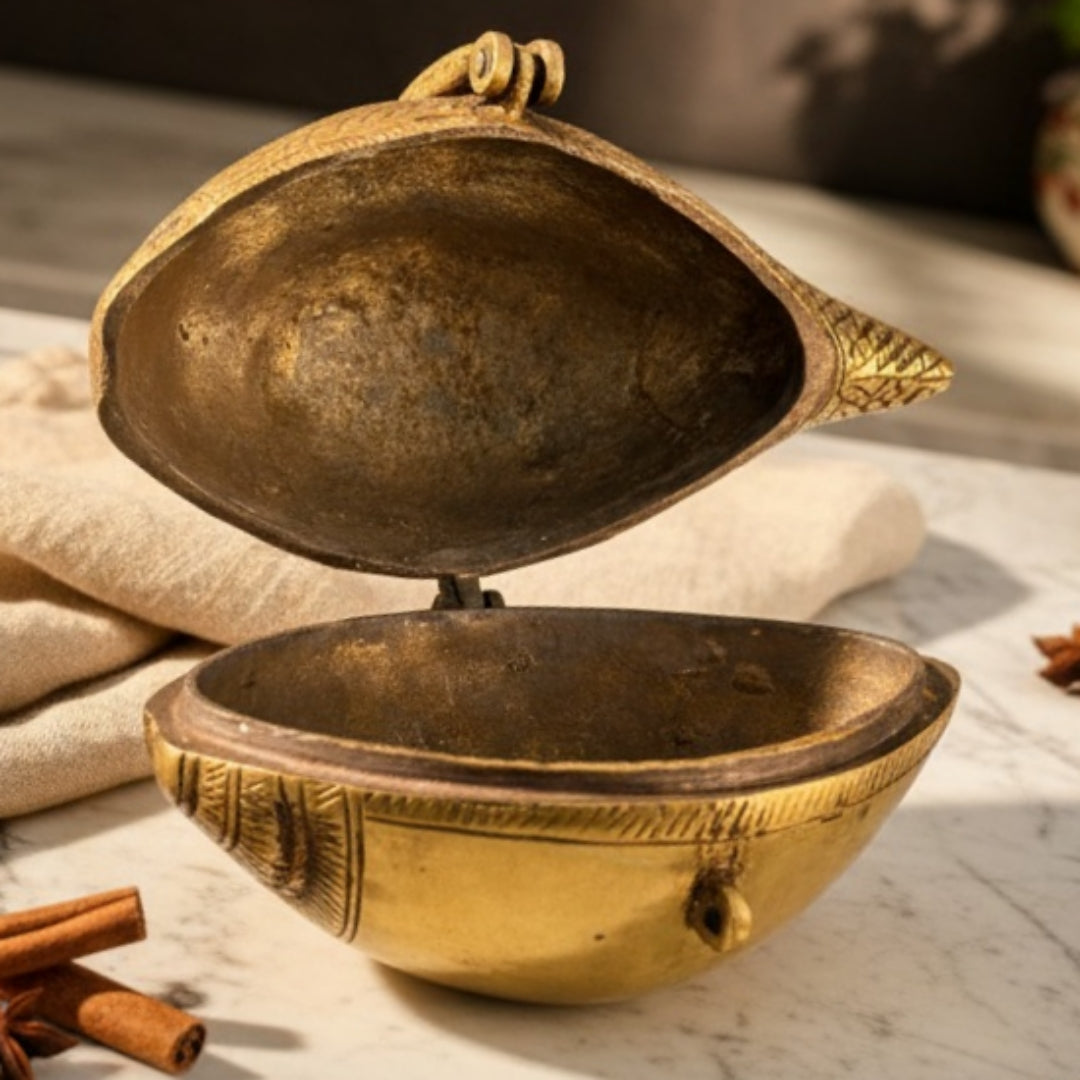 Antique Peetal Engraved Shell Box | Brass Shell Shape Storage Box | Made in 1965