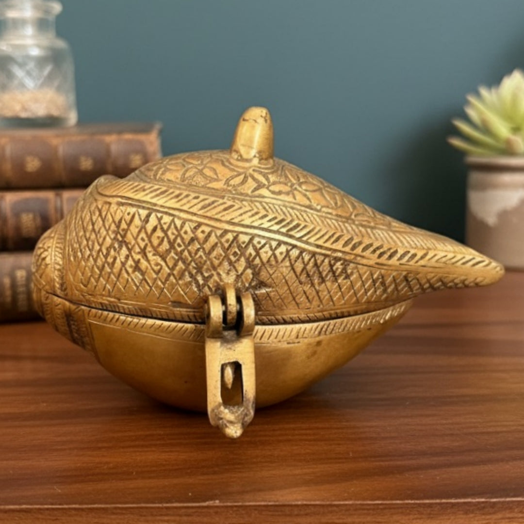 Antique Peetal Engraved Shell Box | Brass Shell Shape Storage Box | Made in 1965