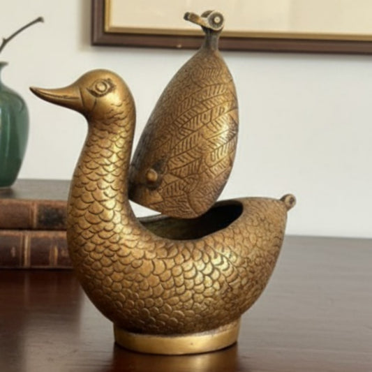 Antique Peetal Engraved Duck Storage Box | Brass Duck Shape Collectible Box | Made in 1965 - Bombay Antiques