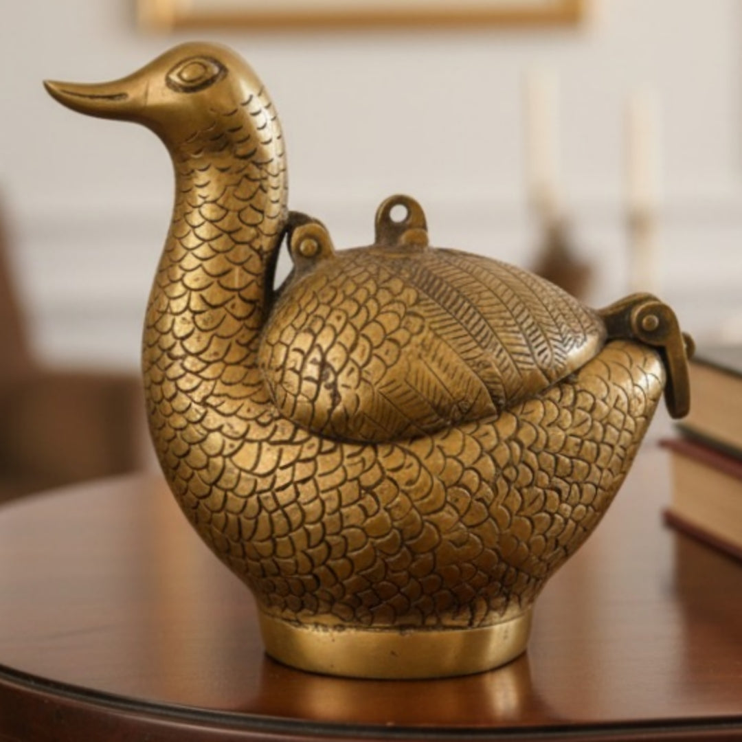 Antique Peetal Engraved Duck Storage Box | Brass Duck Shape Collectible Box | Made in 1965 - Bombay Antiques