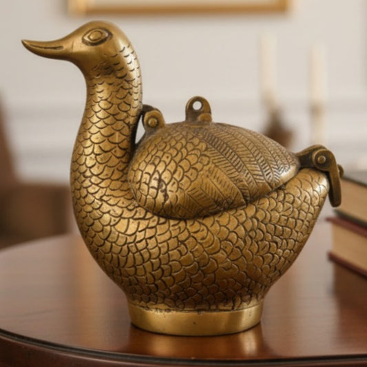 Antique Peetal Engraved Duck Storage Box | Brass Duck Shape Collectible Box | Made in 1965 - Bombay Antiques