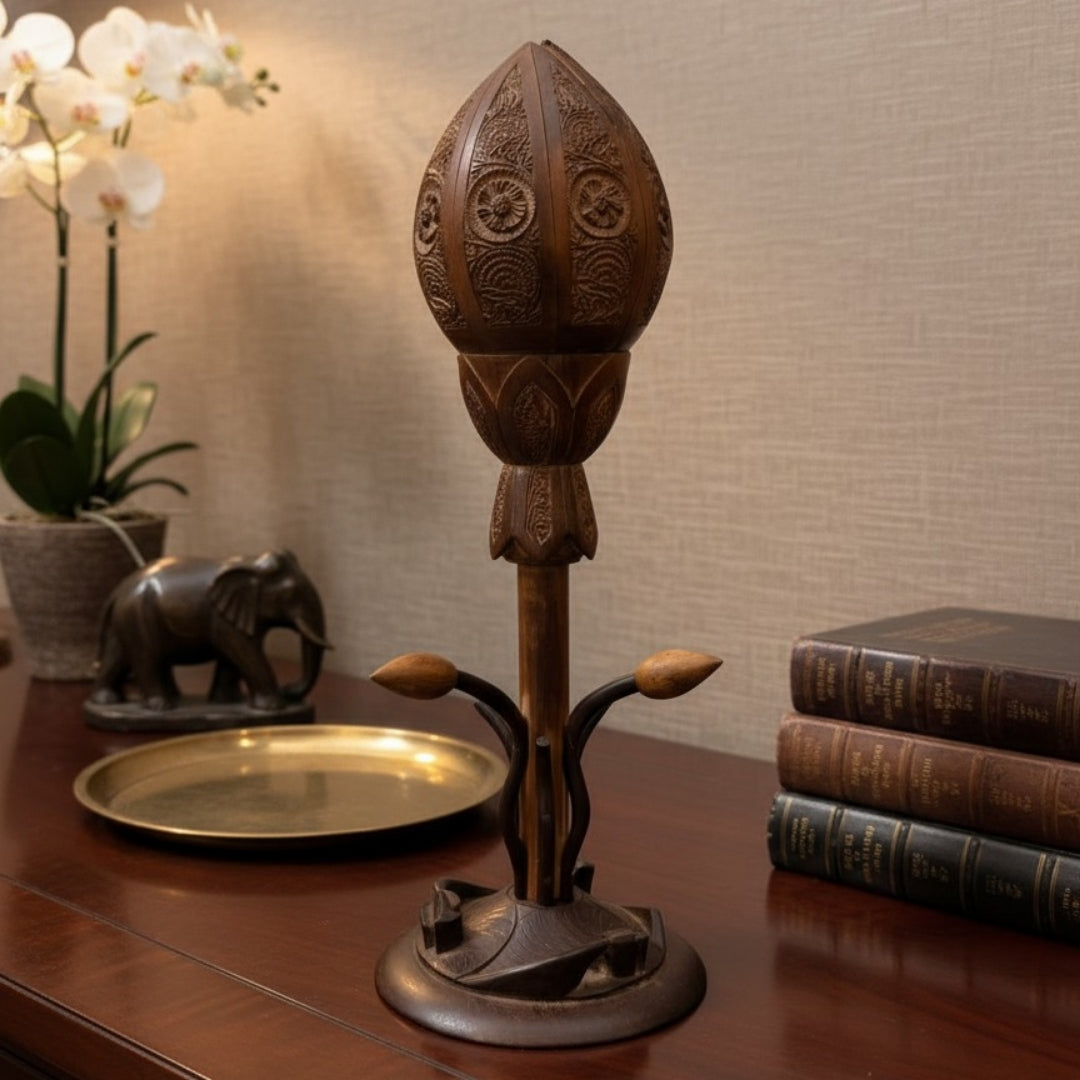 Antique Teakwood Lotus Candle Holder | Hand Carved Wooden Lotus Flower Stand | Made in 1980 - Bombay Antiques