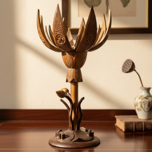 Antique Teakwood Lotus Candle Holder | Hand Carved Wooden Lotus Flower Stand | Made in 1980 - Bombay Antiques