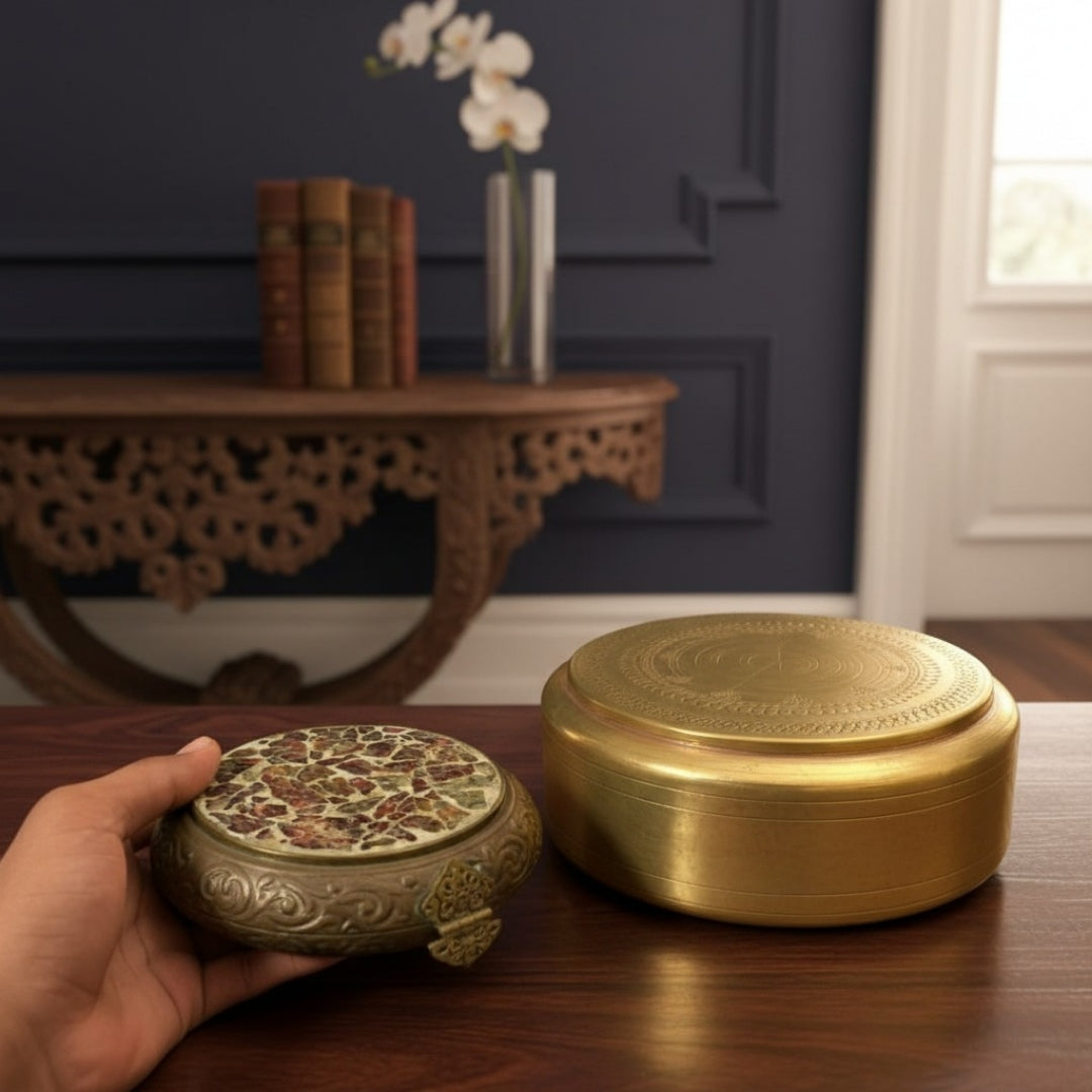 Antique Peetal Engraved Storage Box Set | Brass Lidded Round Box Pair | Made in 1965 - Bombay Antiques