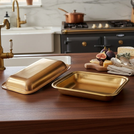 Antique Peetal Rectangular Serving Tray Set | Brass Lidded Butter Dish Tray Pair | Made in 1975 - Bombay Antiques