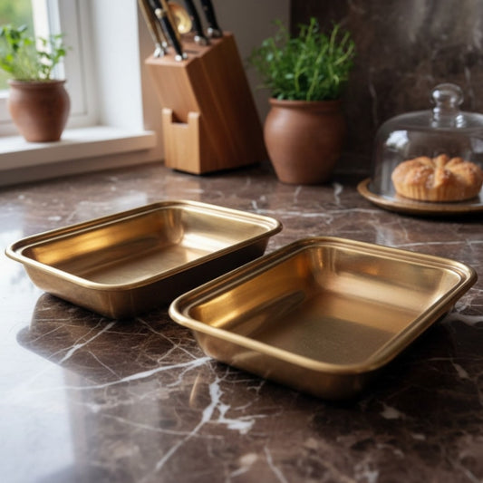 Antique Peetal Rectangular Serving Tray Set | Brass Lidded Butter Dish Tray Pair | Made in 1975 - Bombay Antiques