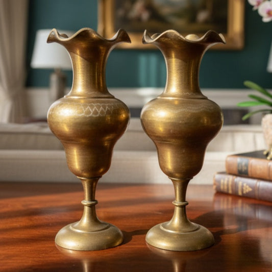 Antique Peetal Engraved Ruffle Rim Vase Set | Brass Double Gourd Decorative Vase Pair | Made in 1977 - Bombay Antiques