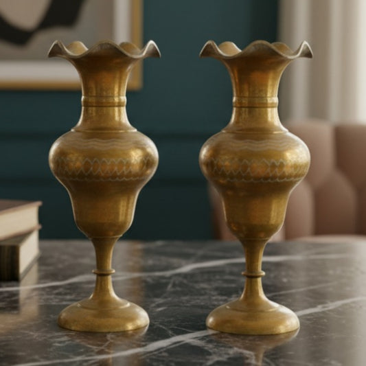 Antique Peetal Engraved Ruffle Rim Vase Set | Brass Double Gourd Decorative Vase Pair | Made in 1977 - Bombay Antiques