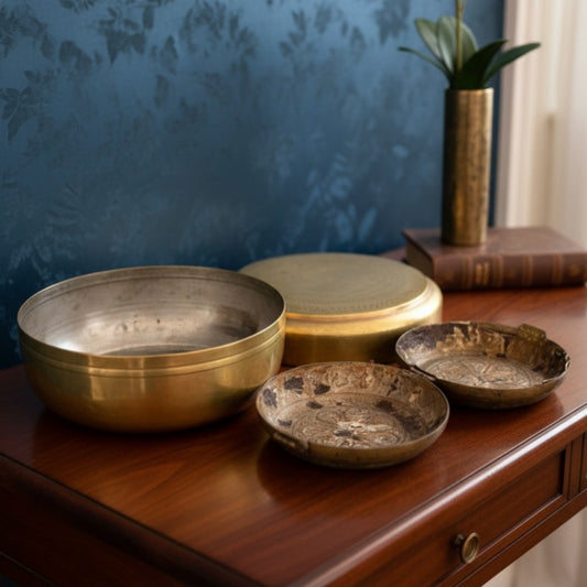 Antique Peetal Engraved Storage Box Set | Brass Lidded Round Box Pair | Made in 1965 - Bombay Antiques