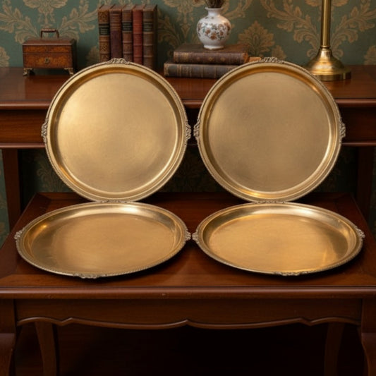 Antique Peetal Round Serving Plate Set of Four | Brass Ornate Border Dinner Plate Set | Made in 1970 - Bombay Antiques