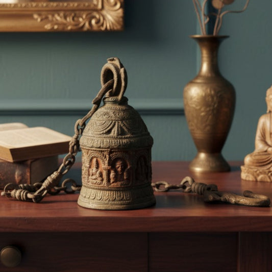 Antique Peetal Heavy Hanging Bell | Brass Engraved Collectible Bell with Chain | Made in 1959 - Bombay Antiques