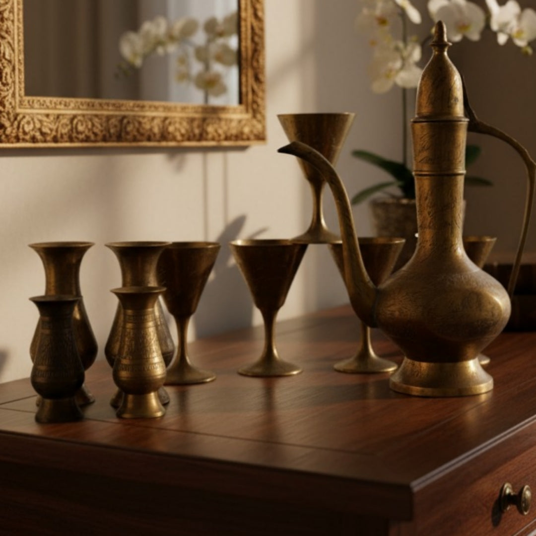 Antique Peetal Miniature Refreshment Set | Brass Engraved Ewer with Goblets and Vases | Made in 1961
